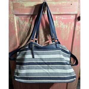 Miztiqie Navy Blue Striped Weekender Bag Adjustible Duffle Strap Zip Close Lined